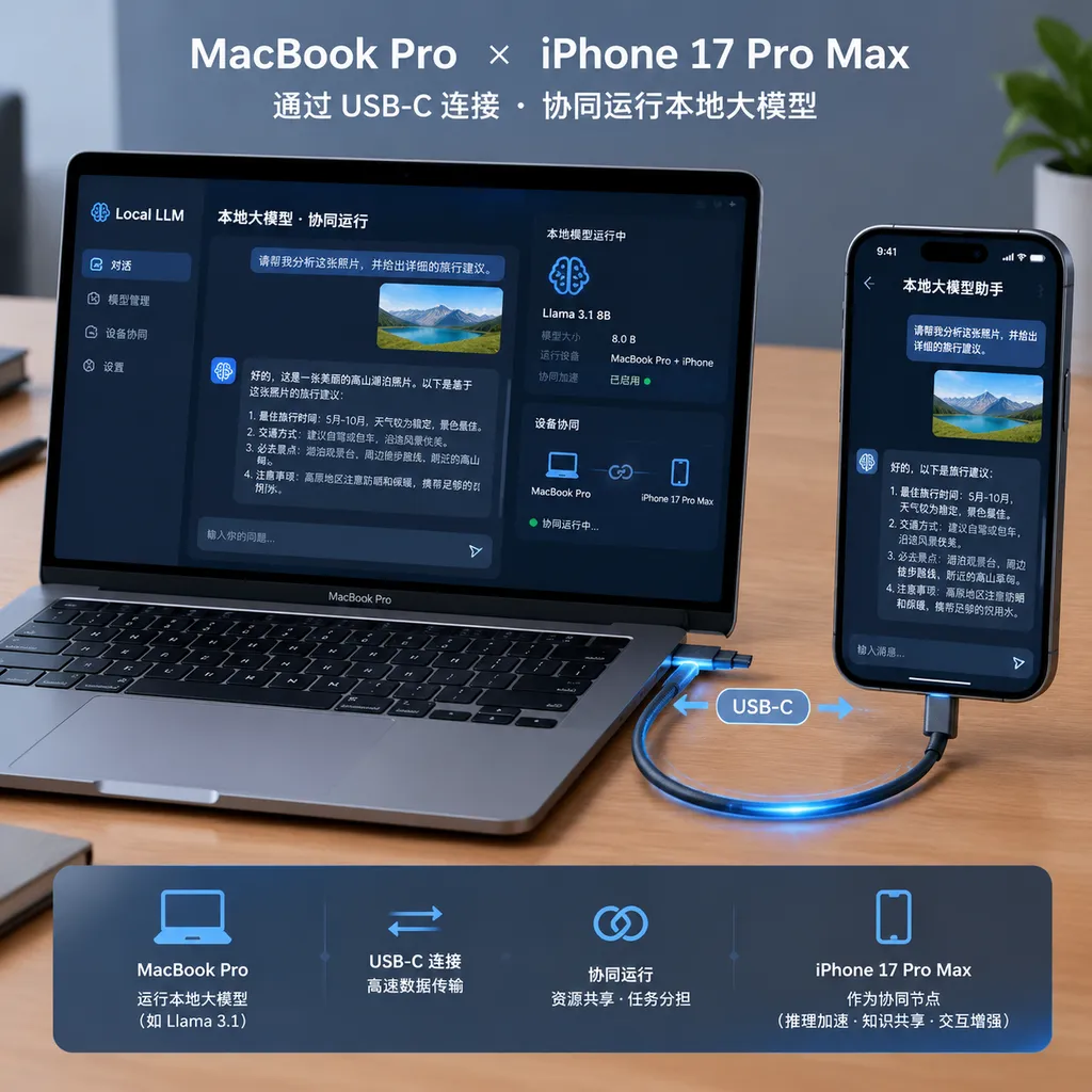 MacBook Pro通过USB-C连接iPhone 17 Pro Max协同运行本地大模型的示意图