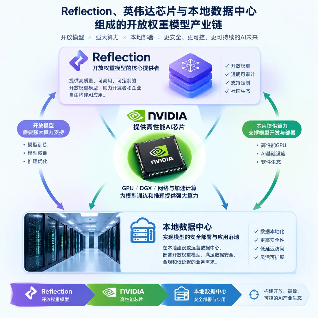 Illustration of the open-weight model industry chain consisting of Reflection, Nvidia chips, and local data centers