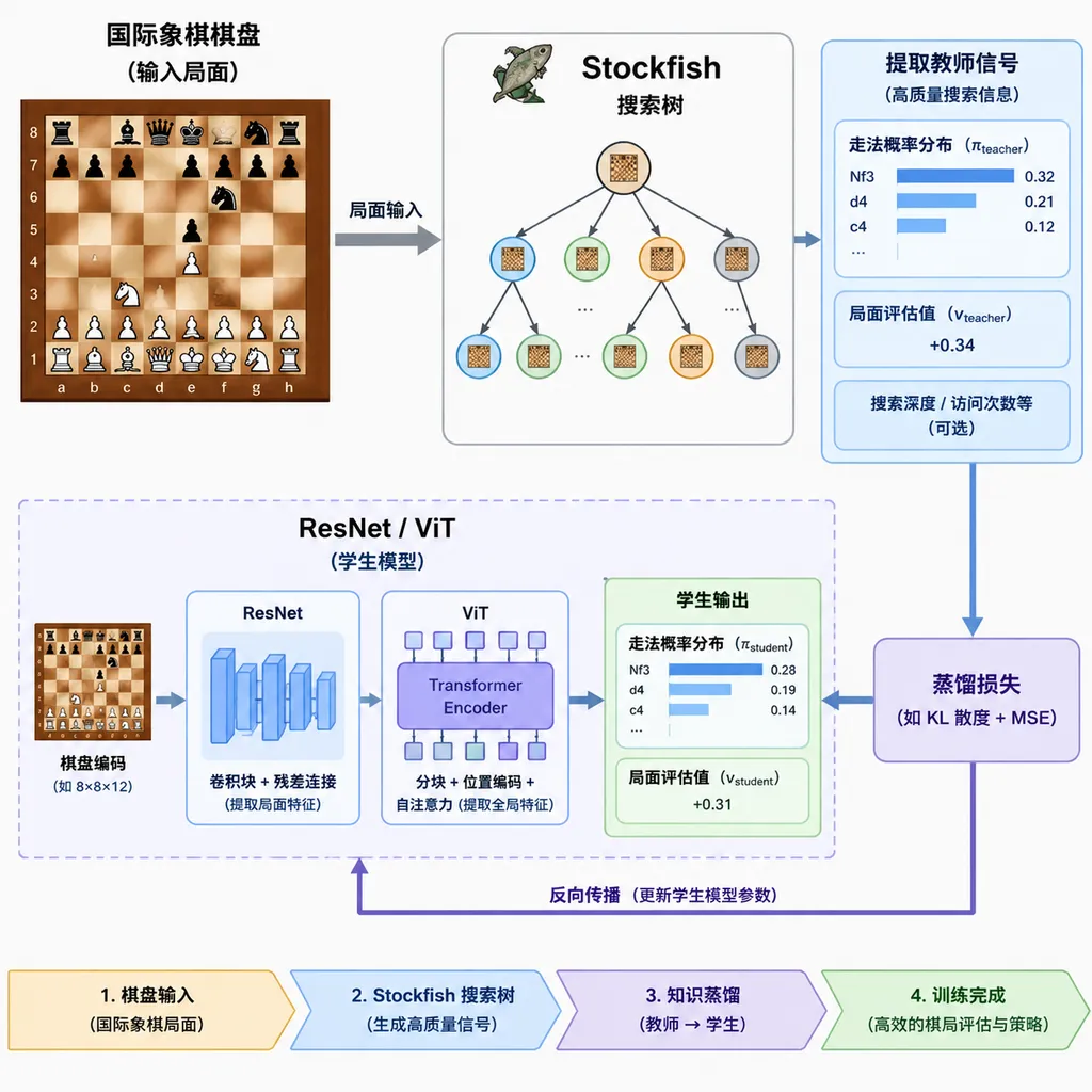 国际象棋棋盘、Stockfish 搜索树与 ResNet/ViT 神经网络之间的蒸馏流程示意图