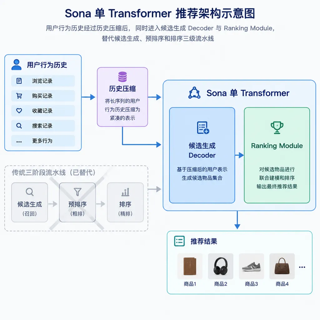 Sona 单 Transformer 推荐架构示意图:用户行为历史经过历史压缩后,同时进入候选生成 Decoder 与 Ranking Module,替代候选生成、预排序和排序三级流水线
