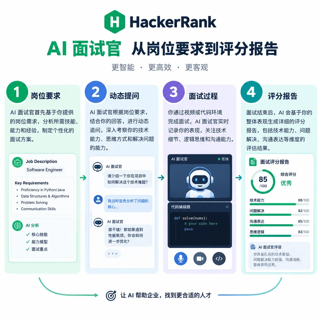 HackerRank AI 面试官从岗位要求、动态提问到评分报告的流程示意图