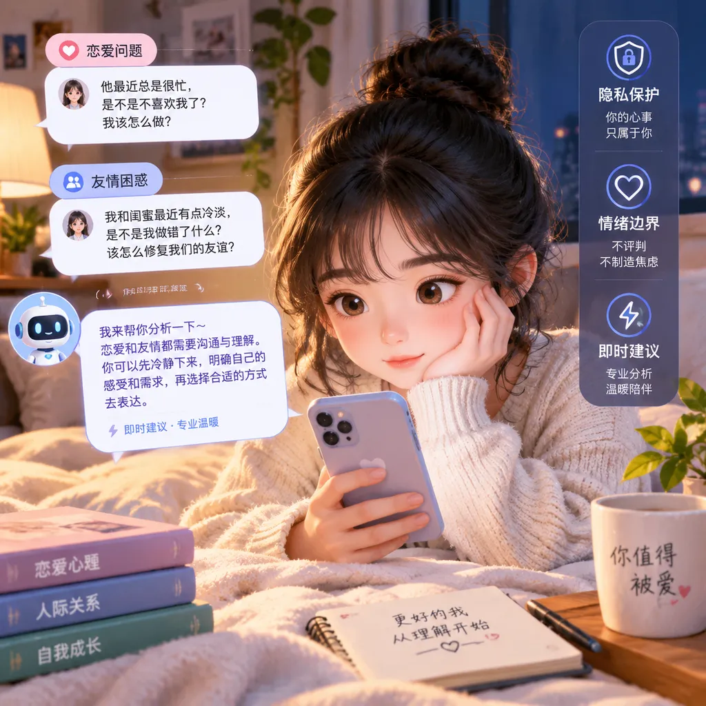 年轻女性使用手机咨询恋爱与友情问题的场景插画,突出即时建议、隐私与情绪边界