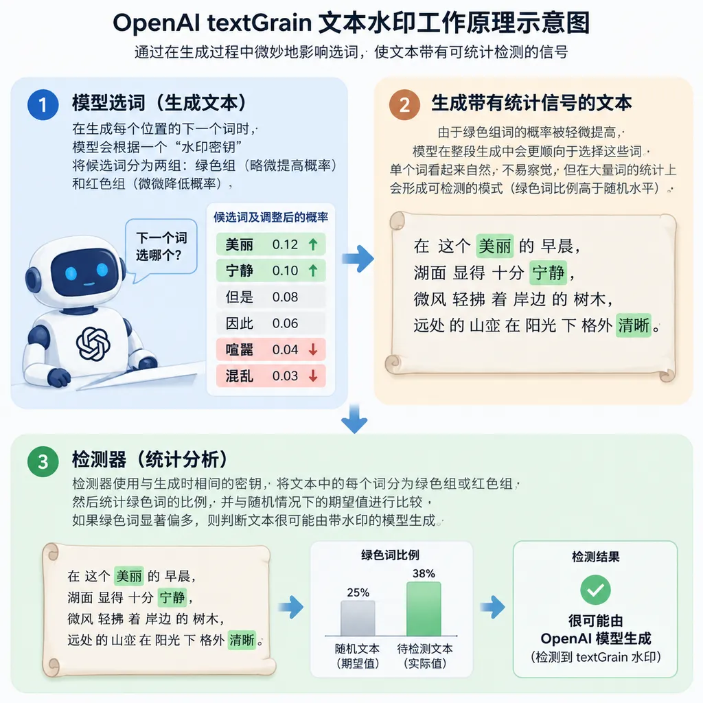 OpenAI textGrain 文本水印工作原理示意图,展示模型选词、统计信号和检测器之间的关系