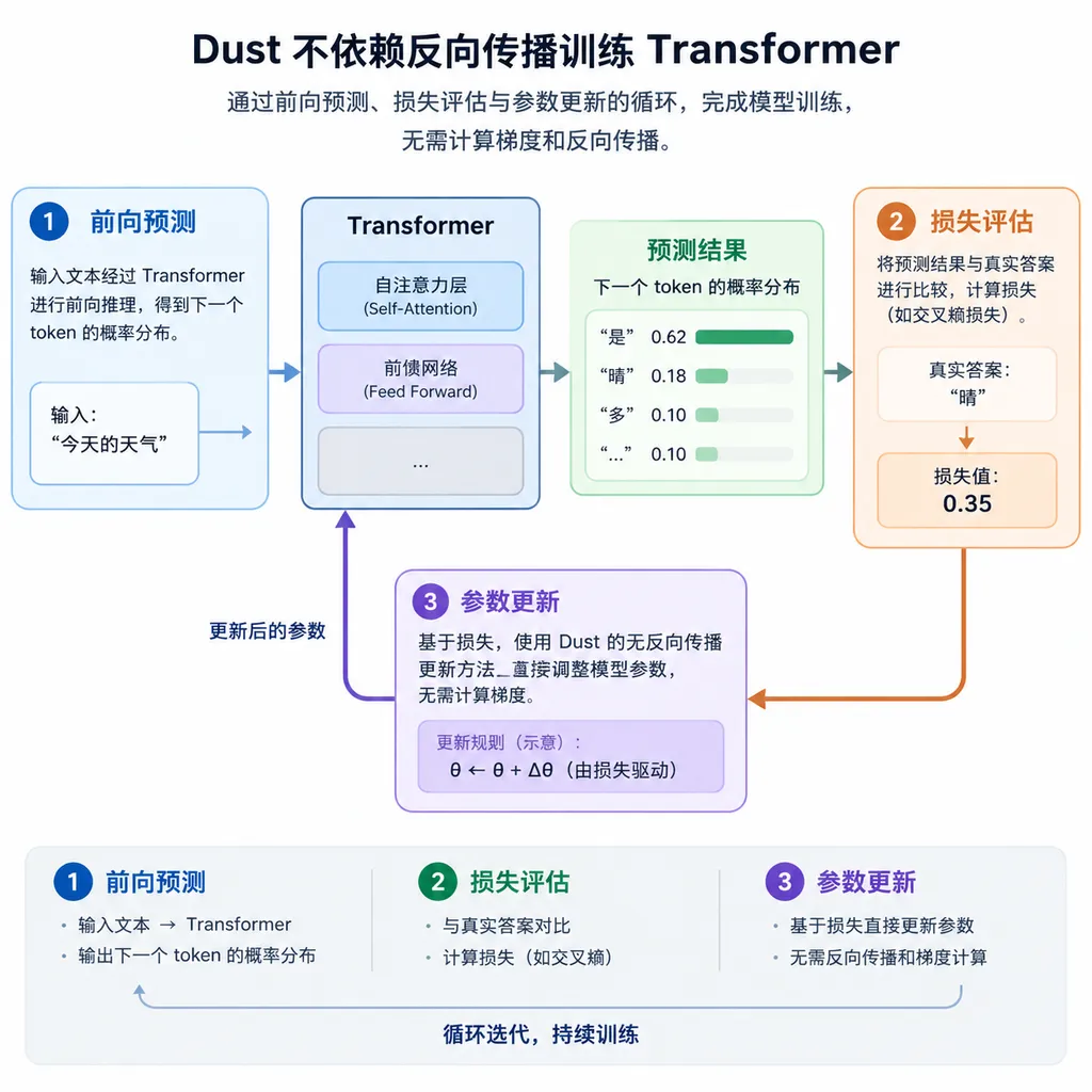 Dust 不依赖反向传播训练 Transformer 的流程示意图,展示前向预测、损失评估与参数更新之间的关系