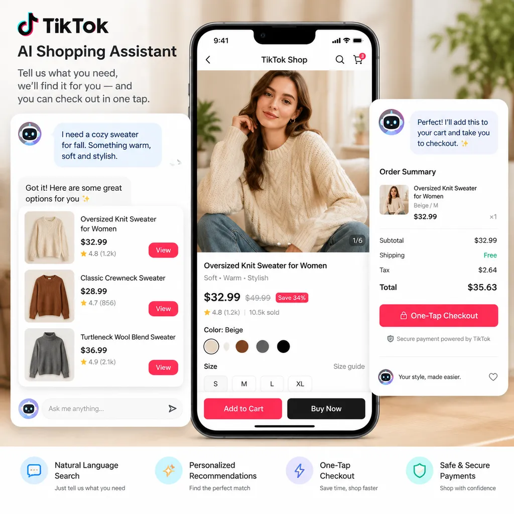 TikTok AI购物助手在商品页面中根据用户自然语言需求推荐商品并完成一键结账的界面示意