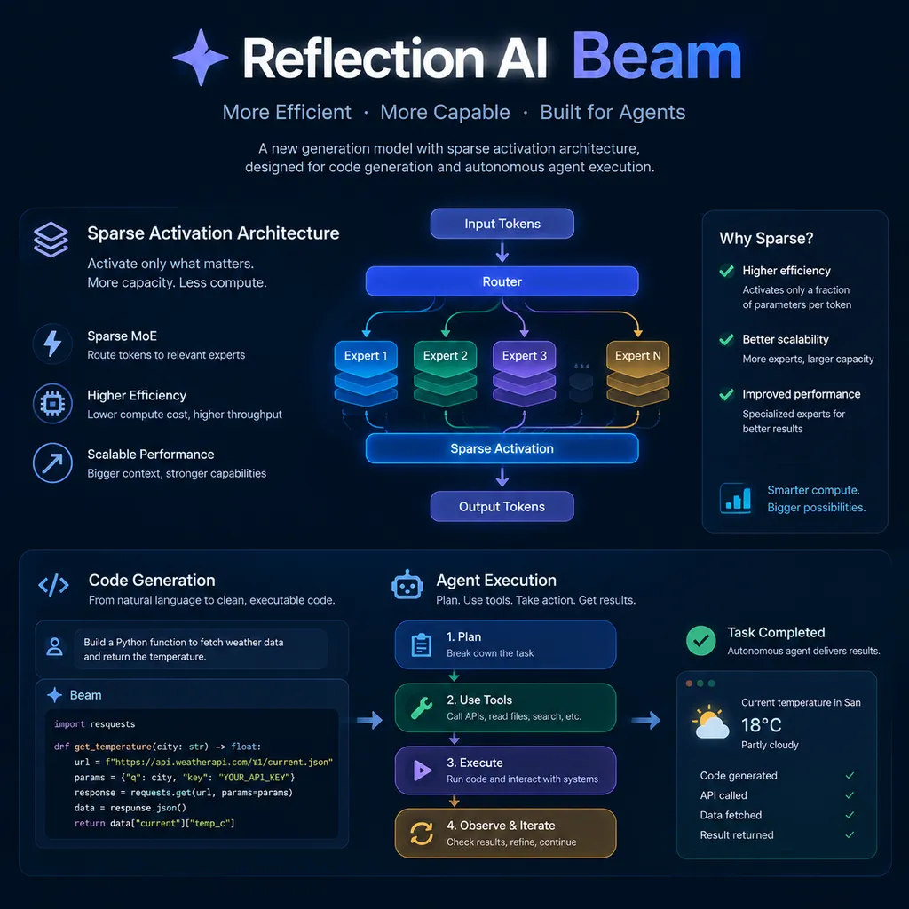 Concept image for the release of the Reflection AI Beam model, showing its sparse activation architecture, code generation, and Agent execution workflow