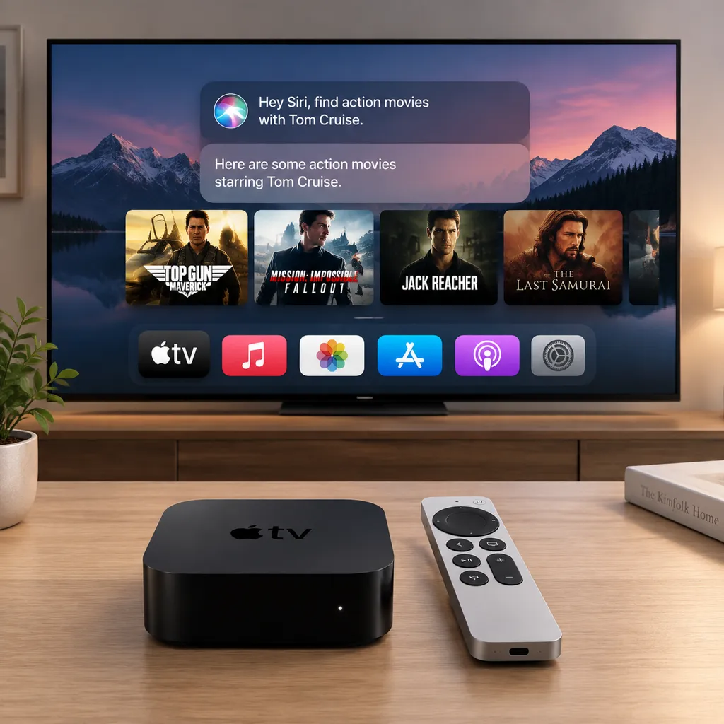 新一代 Apple TV 4K 与 Siri Remote 的产品概念图,突出电视屏幕上的 Siri AI 对话界面