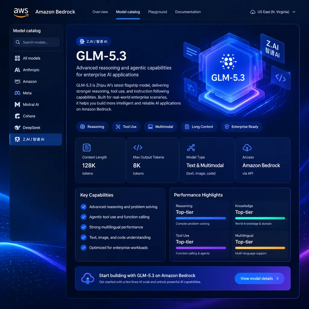 Amazon Bedrock 模型目录中的智谱 GLM-5.3 产品页示意图