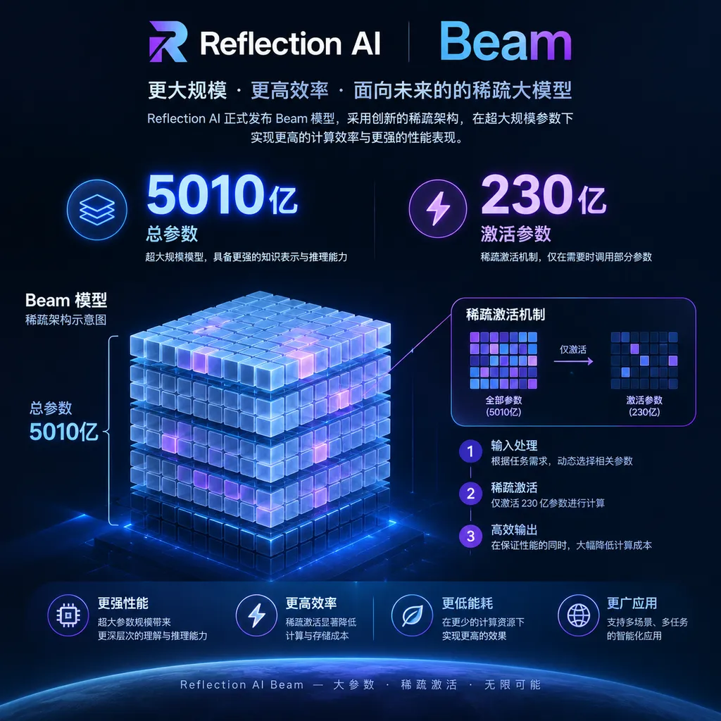 Reflection AI Beam模型发布概念图,展示5010亿总参数与230亿激活参数的稀疏架构