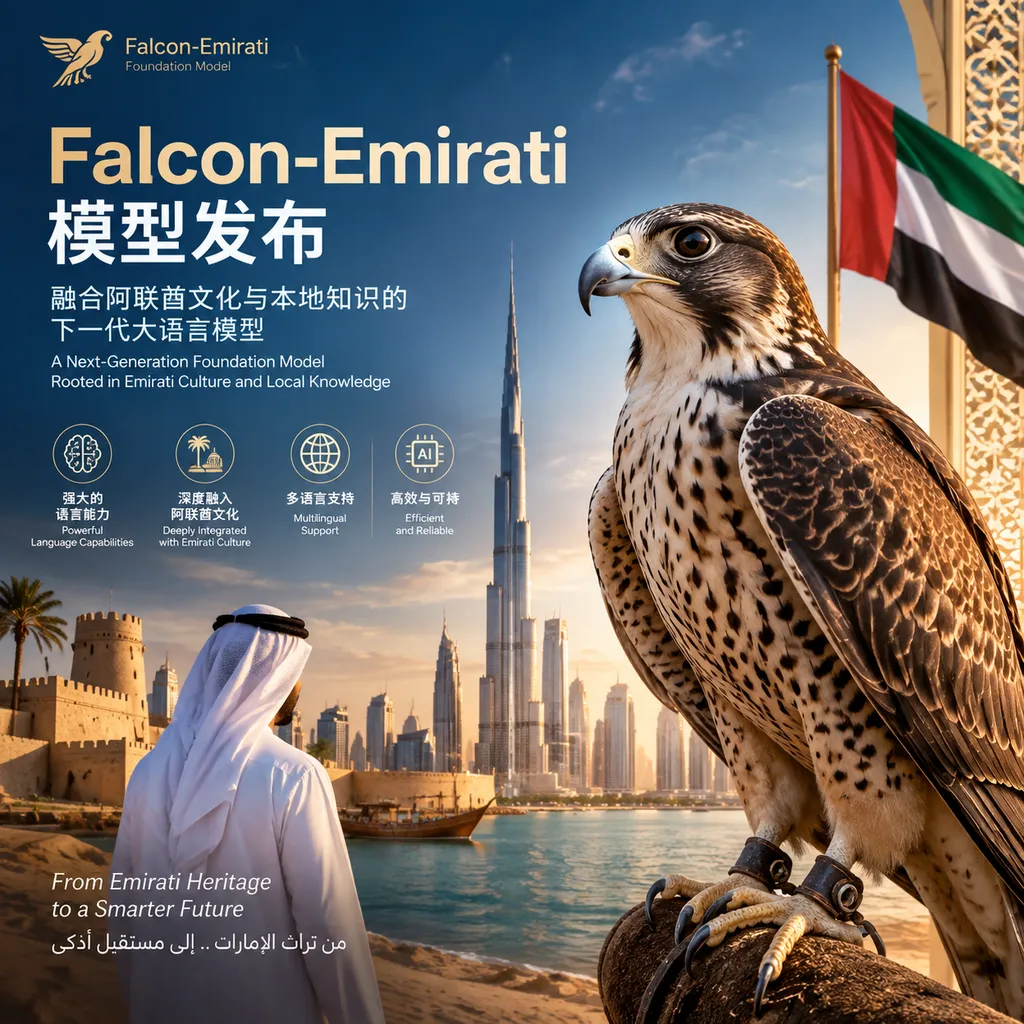 Falcon-Emirati 模型发布信息与阿联酋文化语境示意图