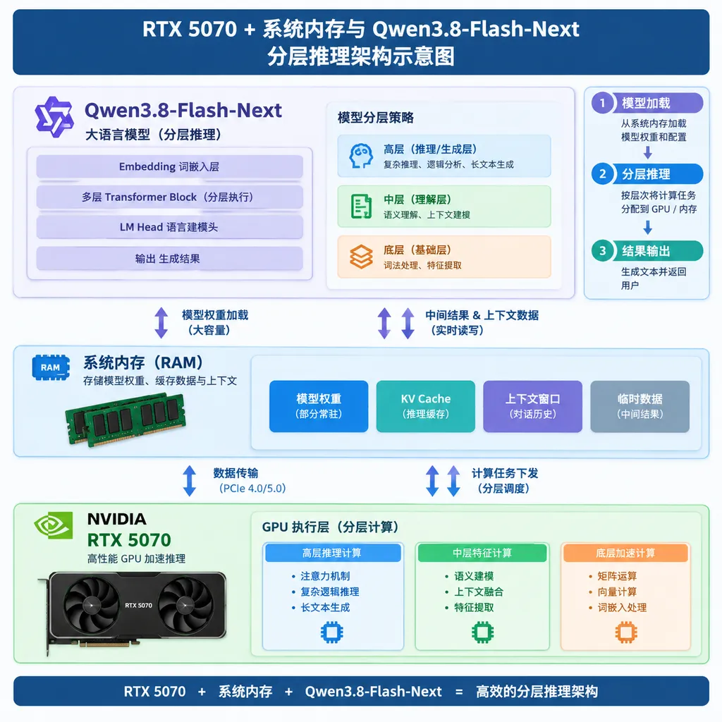 RTX 5070、系统内存与 Qwen3.8-Flash-Next 模型之间的分层推理架构示意图