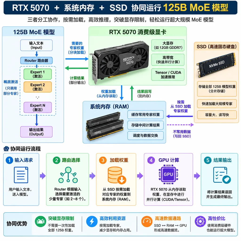 Architecture diagram showing an RTX 5070 consumer graphics card, system memory, and SSD working together to run a 125B MoE model