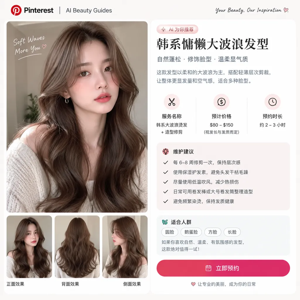 Pinterest AI Beauty Guides 将发型或美甲灵感图转化为包含服务名称、预计价格、预约时长和维护建议的方案界面