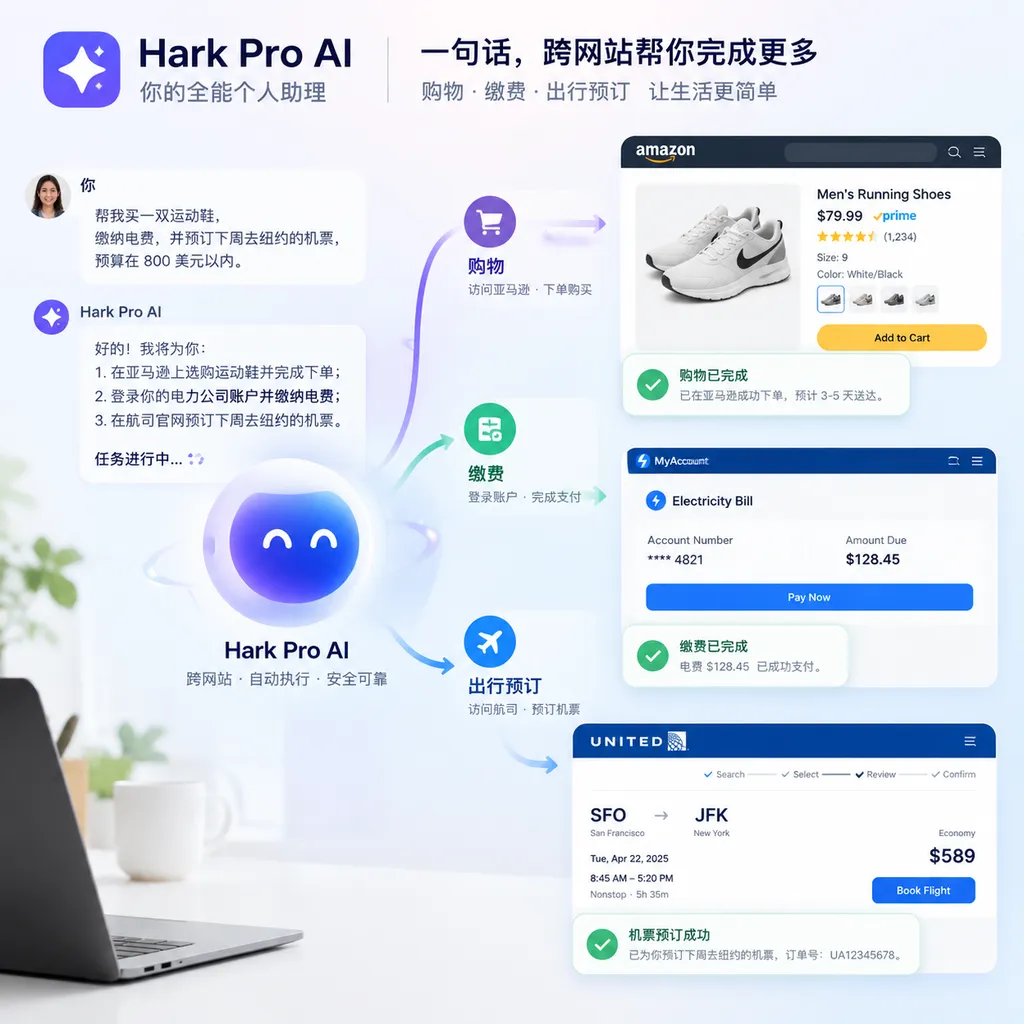 Hark Pro AI个人助理界面概念图,展示用户下达任务后AI跨网站完成购物、缴费和出行预订