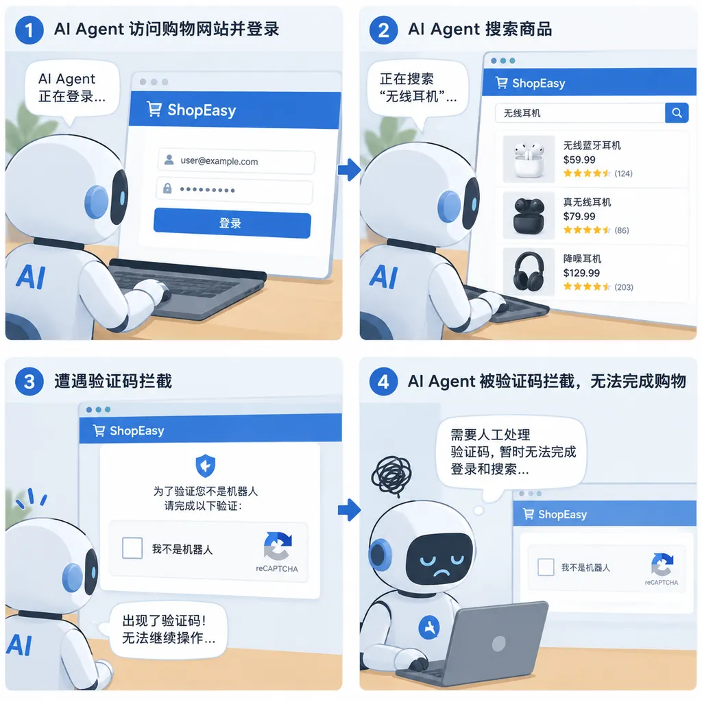 AI Agent在购物网站登录、搜索商品并遭遇验证码拦截的示意图