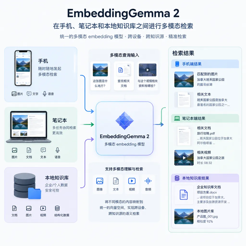 EmbeddingGemma 2在手机、笔记本和本地知识库之间进行多模态检索的示意图