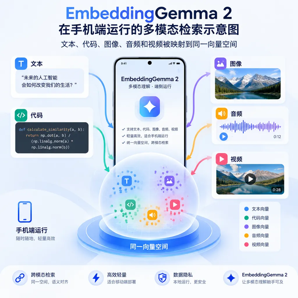 Illustration of EmbeddingGemma 2 running on a phone, showing text, code, images, audio, and video mapped into the same vector space