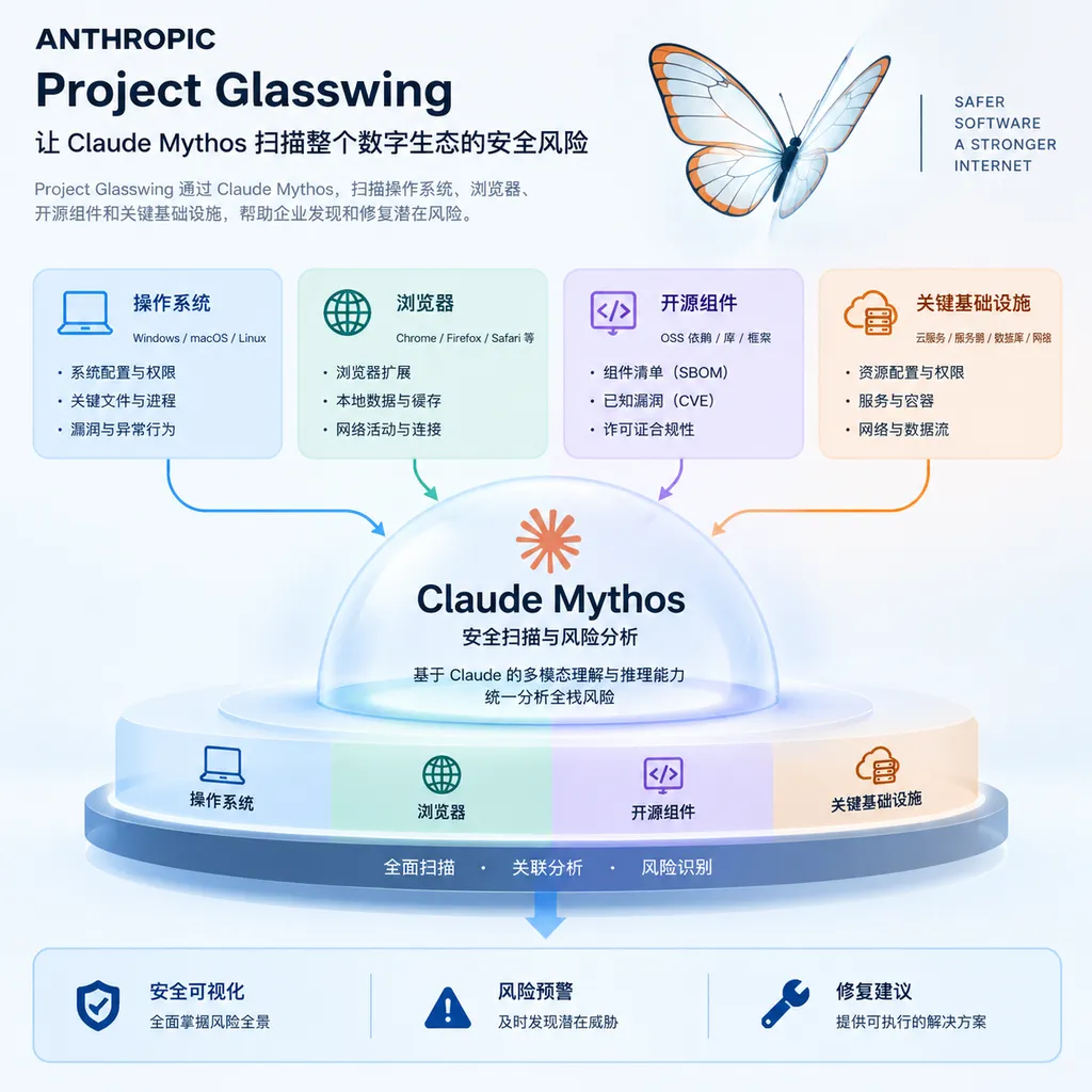 Anthropic Project Glasswing 项目示意图,展示 Claude Mythos 扫描操作系统、浏览器、开源组件和关键基础设施的关系