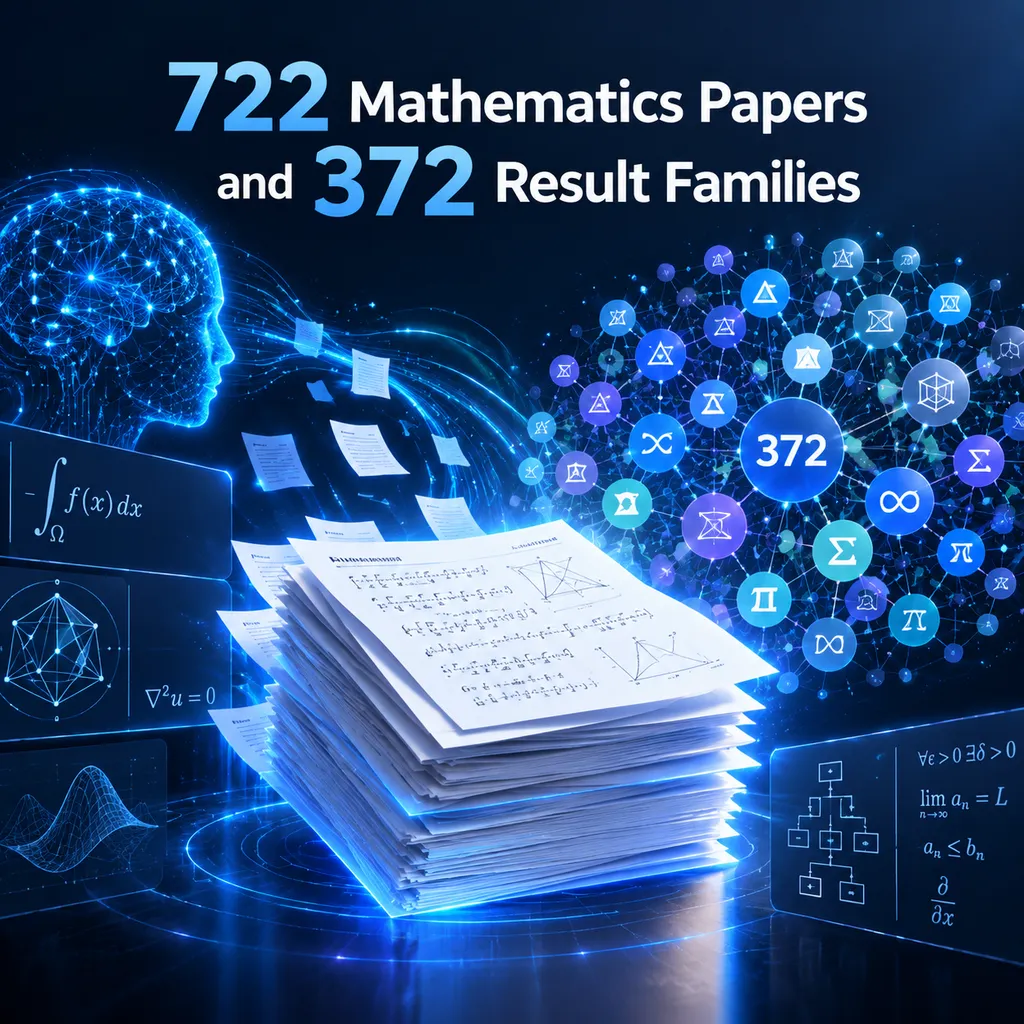 Conceptual illustration of OpenAI announcing 722 mathematical manuscripts and 372 result families