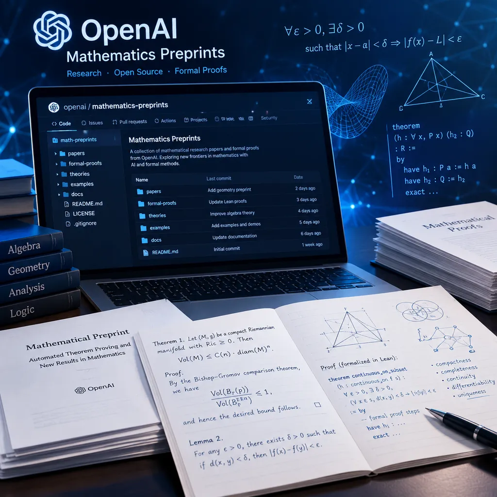 OpenAI 数学预印本 GitHub 仓库页面与数学证明手稿示意图