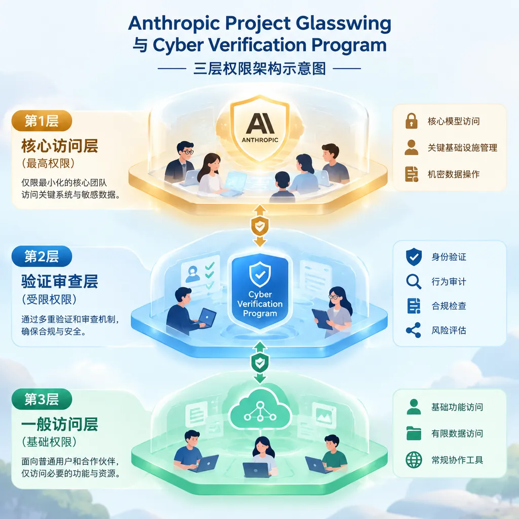 Schematic of the three-tier permission architecture of Anthropic Project Glasswing and the Cyber Verification Program