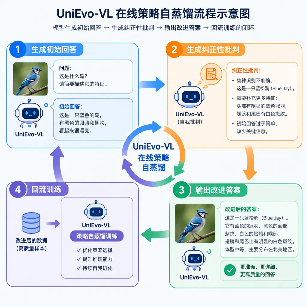 UniEvo-VL在线策略自蒸馏流程示意图,展示模型生成初始回答、生成纠正性批判、输出改进答案并回流训练的闭环