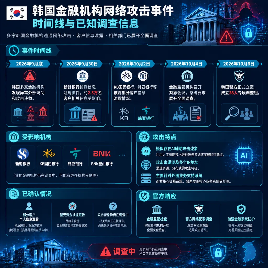 韩国金融机构网络攻击事件时间线与已知调查信息示意图