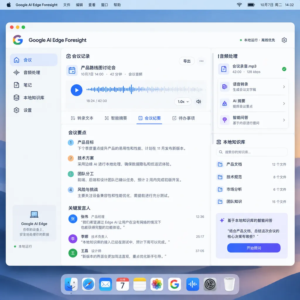 Google AI Edge Foresight 在 macOS 上处理会议音频、笔记和本地知识库的界面示意图