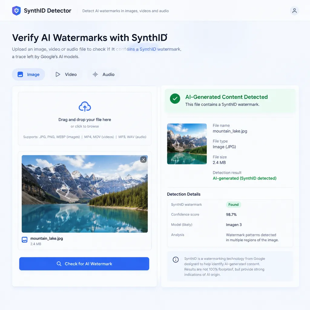 An example of the interface for uploading images, videos, and audio to SynthID Detector for AI watermark verification