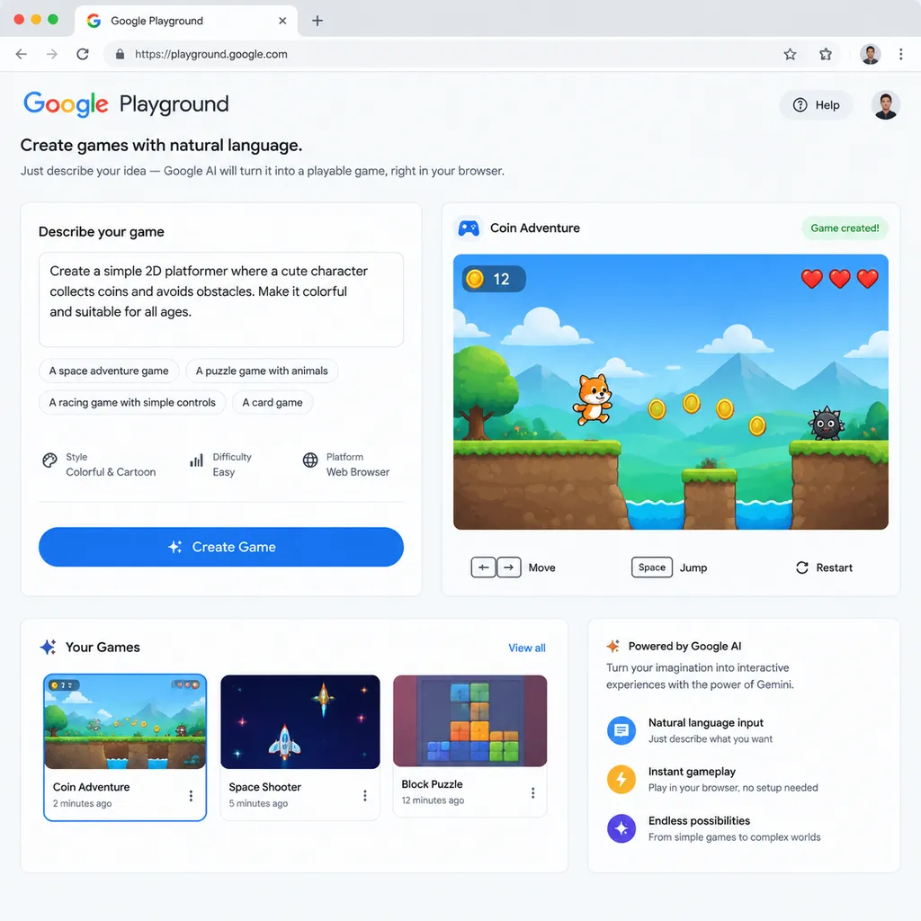 谷歌 Playground 自然语言创建浏览器游戏的产品界面示意图