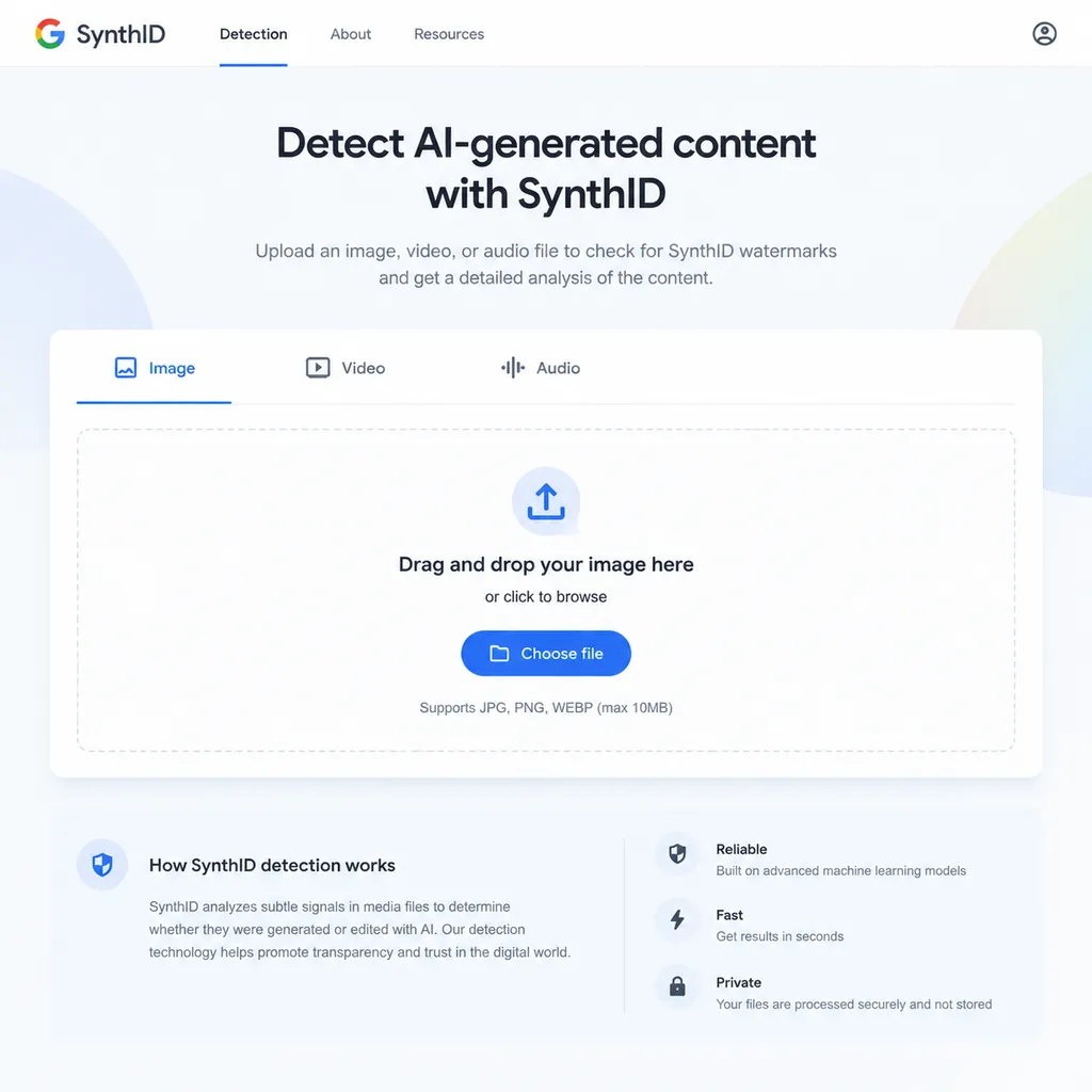 SynthID 检测网站的图片、视频和音频上传界面示意图