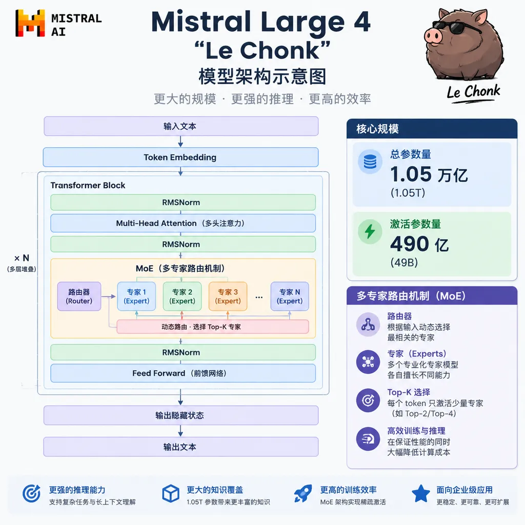 Mistral Large 4“Le Chonk”模型架构示意图,展示1.05万亿总参数、490亿激活参数与多专家路由机制
