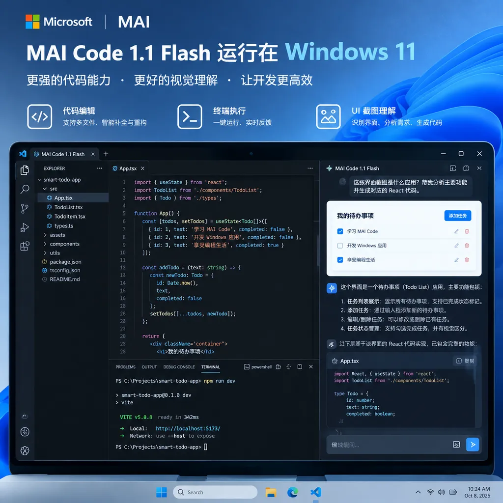 Windows 11 设备中运行 MAI Code 1.1 Flash,画面同时展示代码编辑器、终端与 UI 截图理解能力