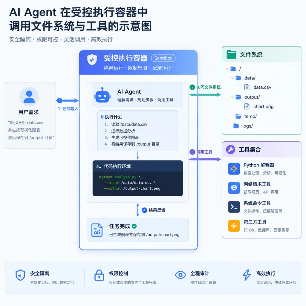 Diagram of an AI agent accessing the file system and tools within a controlled execution container