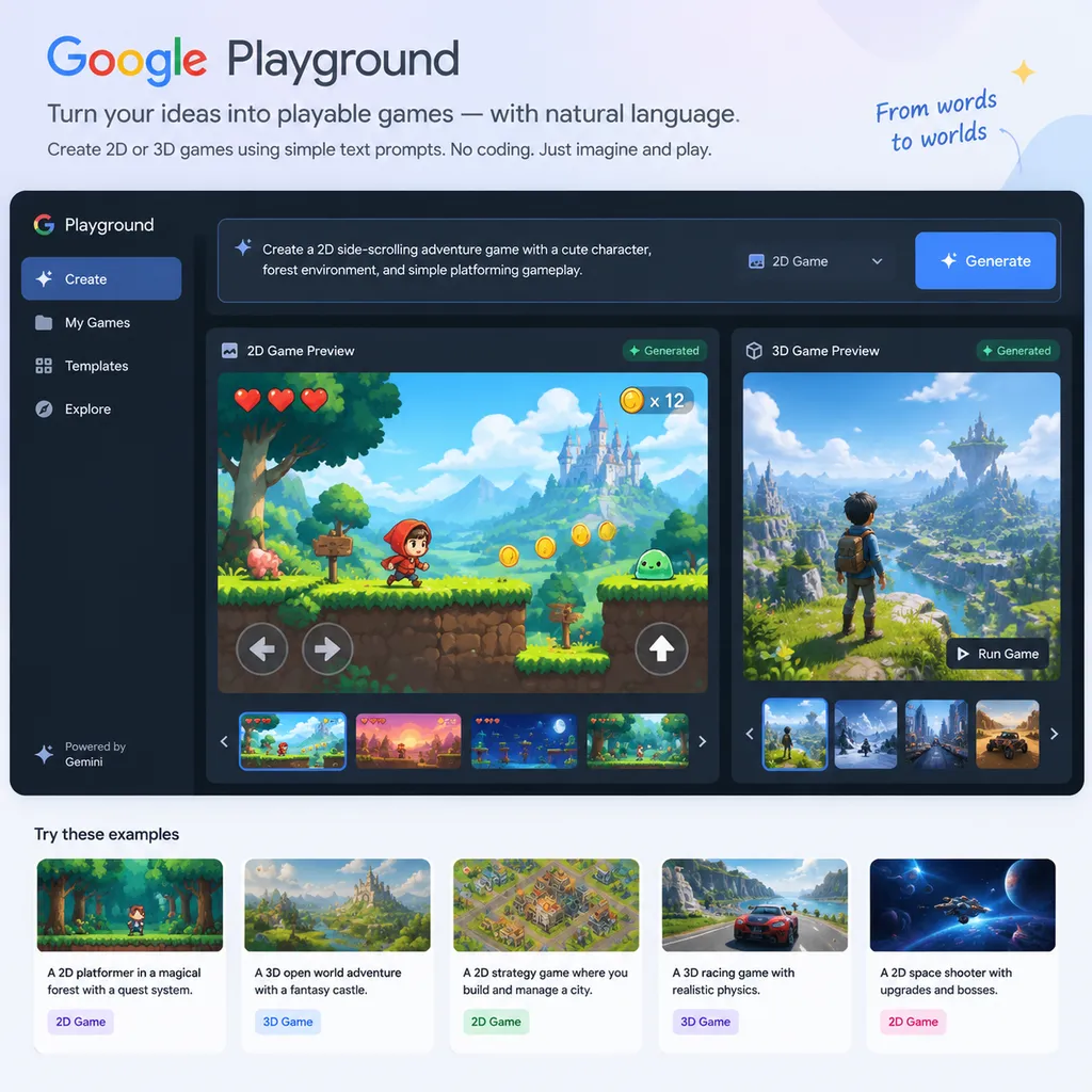 A conceptual illustration of Google Playground's product interface for generating 2D/3D games with natural language