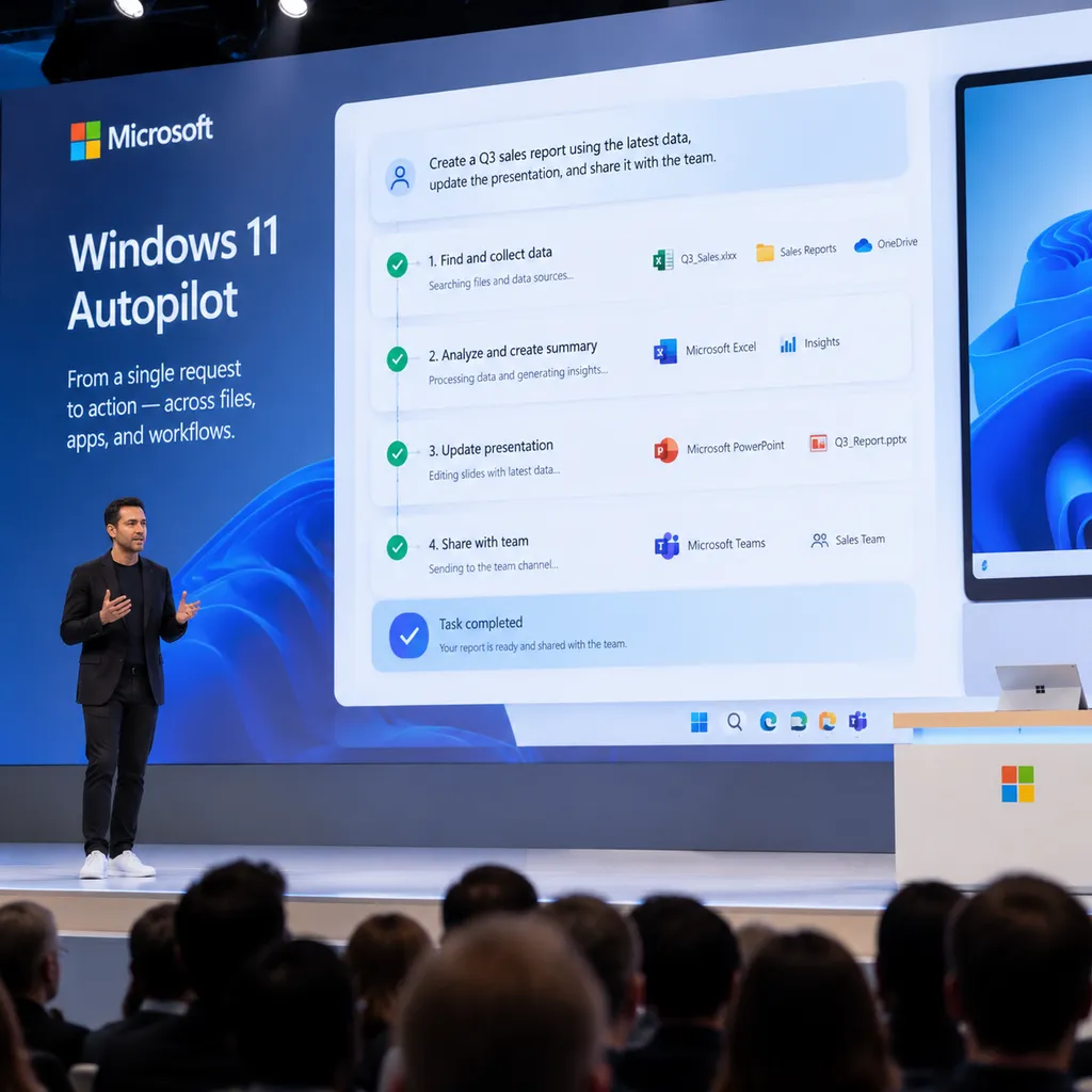 微软 Windows 与 Surface 发布会现场,屏幕展示 Autopilot 跨文件和应用执行任务的步骤界面
