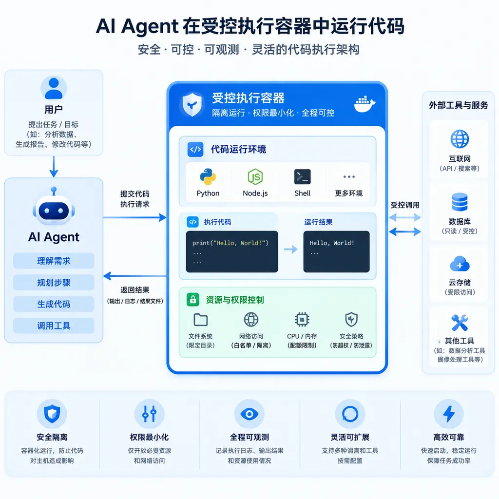 AI Agent 在受控执行容器中运行代码的架构示意图