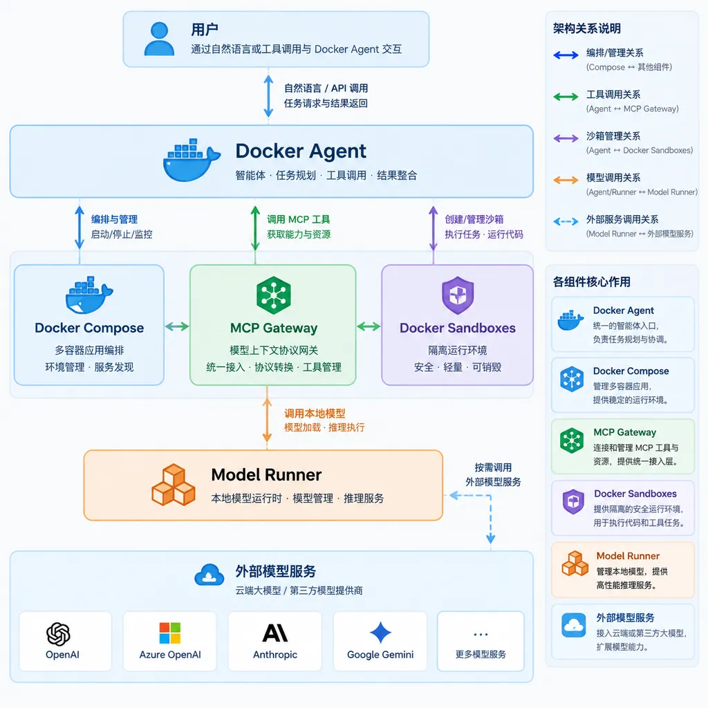 Docker Agent与Compose、MCP Gateway、Docker Sandboxes、Model Runner及外部模型服务的架构关系图
