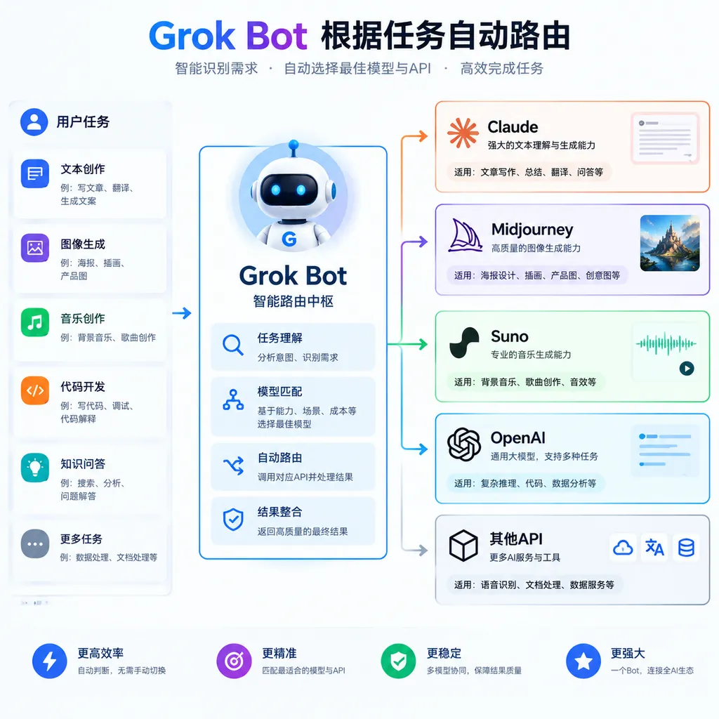 Illustration of Grok Bot automatically routing tasks to different models and APIs, including Claude, Midjourney, and Suno