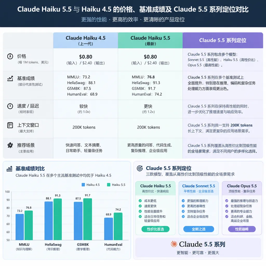 Claude Haiku 5.5 与 Haiku 4.5 的价格、基准成绩及 Claude 5.5 系列定位对比图
