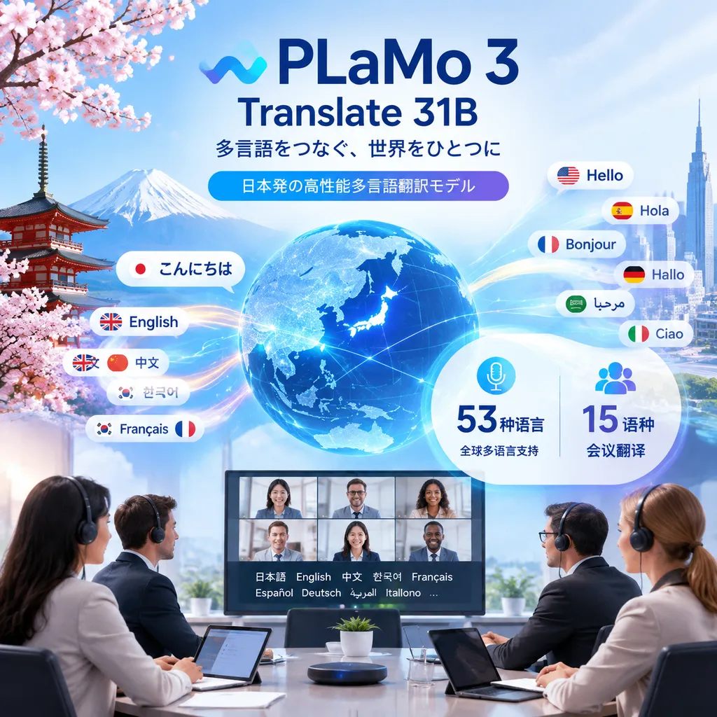 Main visual for the release of the PLaMo 3 Translate 31B model, showing connections between Japan and the global multilingual landscape, along with information about 53 languages and meeting translation in 15 languages