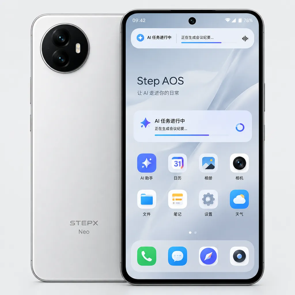 STEPX Neo手机实机与Step AOS界面,重点展示状态栏中的AI任务状态