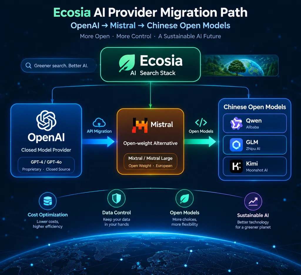 Diagram of the provider transition among Ecosia, Mistral, Qwen, GLM, and Kimi, showing the migration path from OpenAI to Mistral to Chinese open-weight models