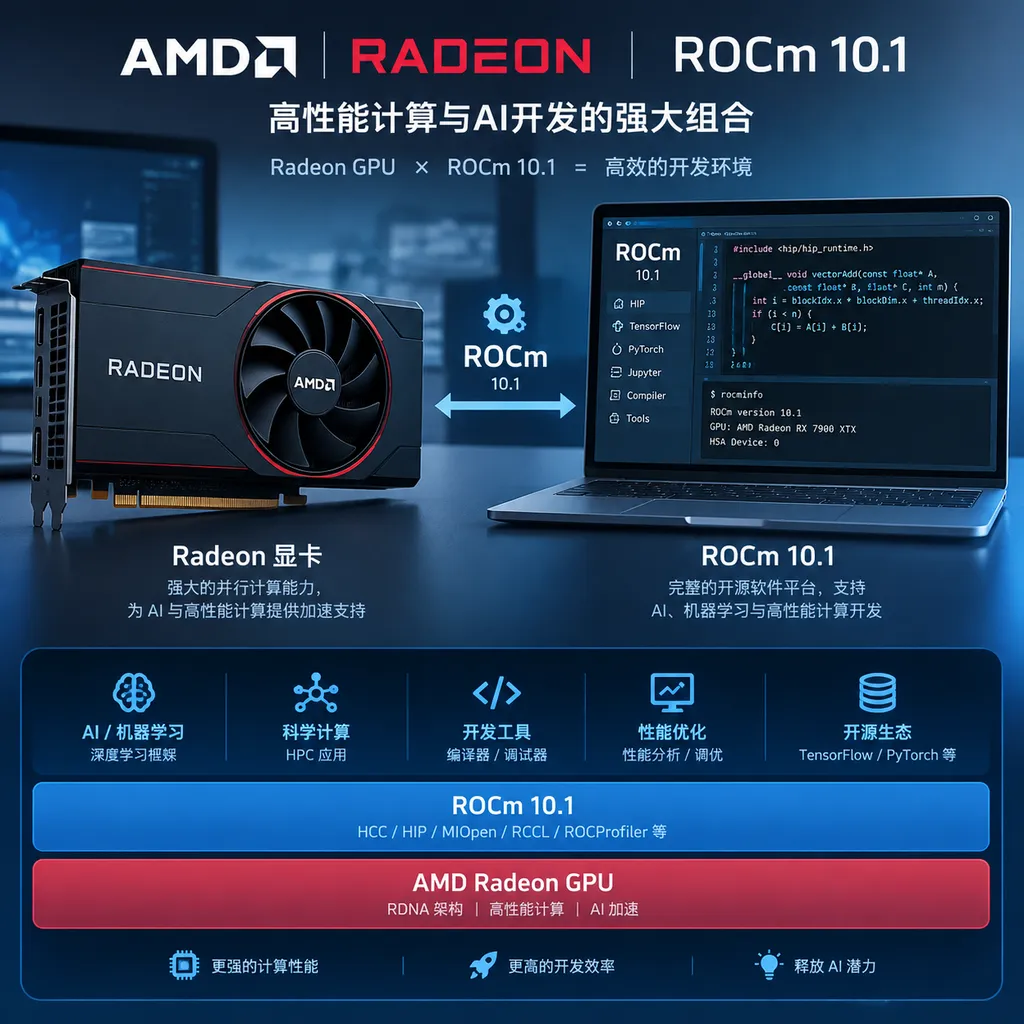 Illustration of Radeon GPUs and the ROCm 10.1 development environment