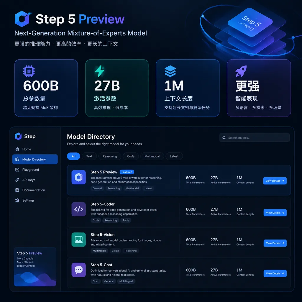 Step 5 Preview 模型目录页面与 600B 总参数、27B 激活参数、1M 上下文等关键信息
