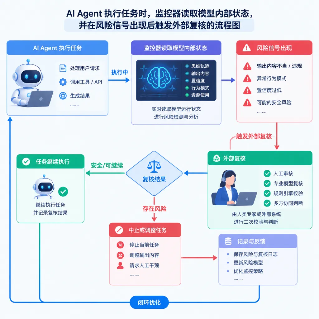 AI Agent 执行任务时,监控器读取模型内部状态,并在风险信号出现后触发外部复核的流程图