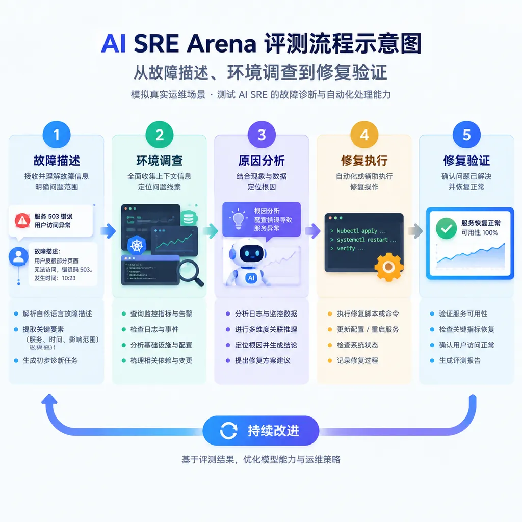 AI SRE Arena评测流程示意图,从故障描述、环境调查到修复验证