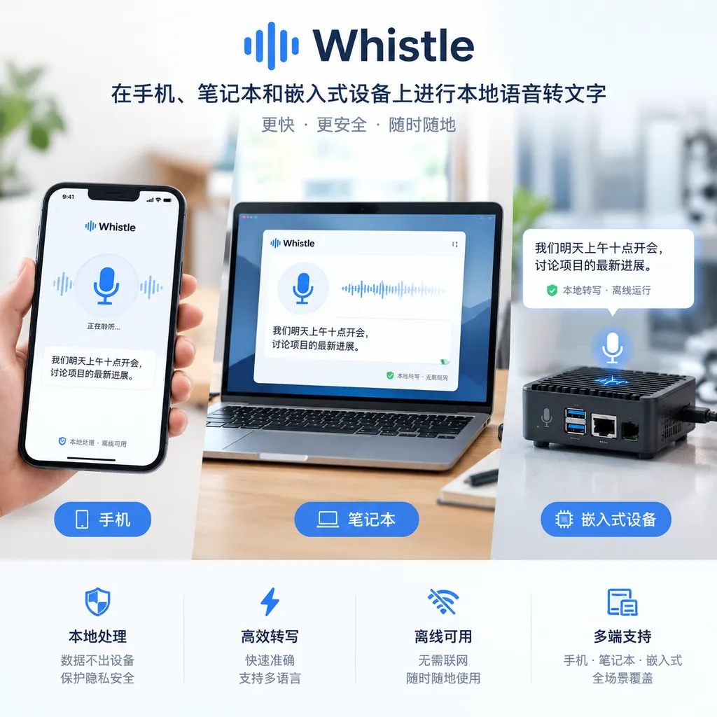 Whistle 在手机、笔记本和嵌入式设备上进行本地语音转文字的示意图