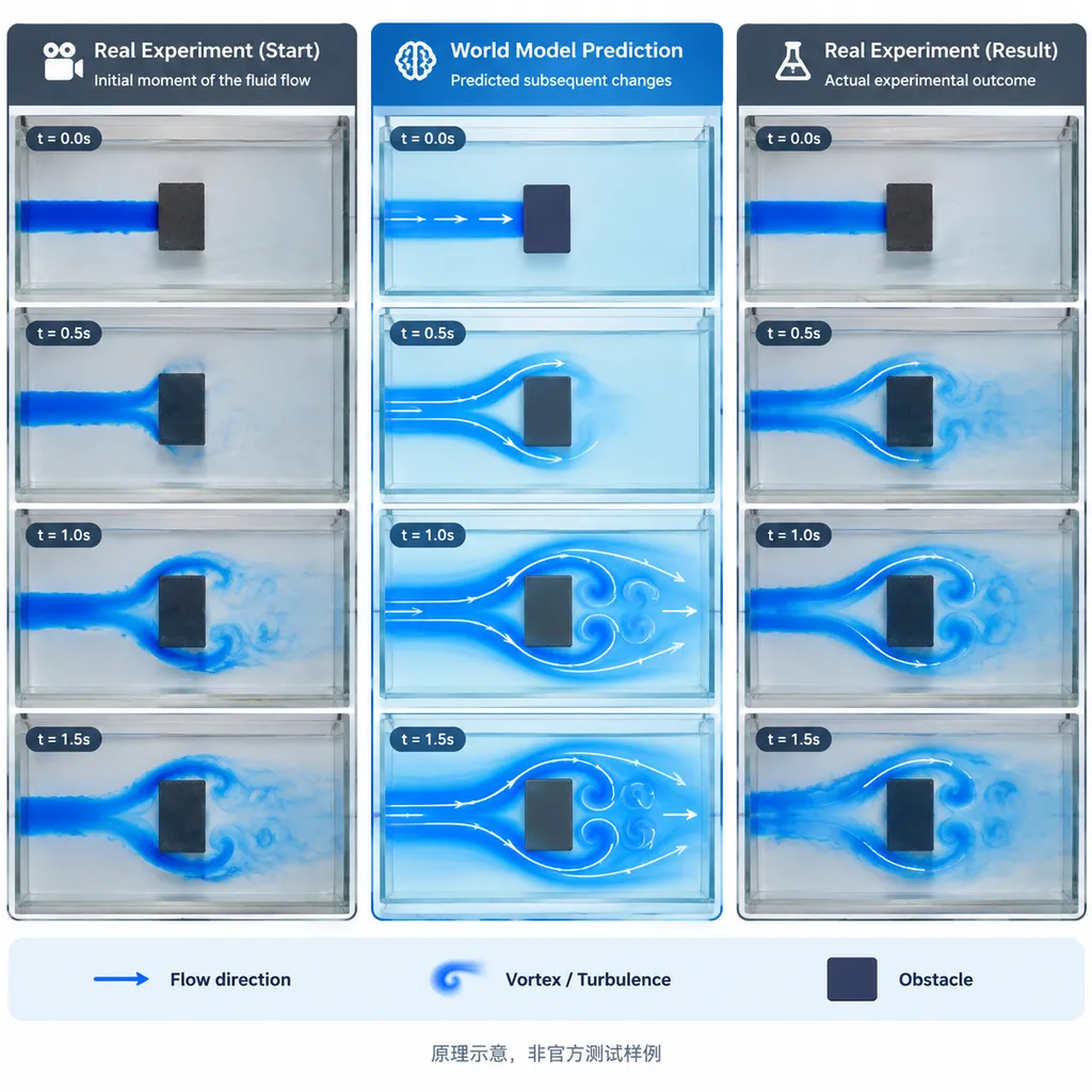 Illustration of video-based physics prediction: the left shows the opening segment of a real experiment, the center shows the subsequent changes predicted by a world model, and the right shows the actual experimental result; using liquid flowing around an obstacle as an example, the comparison highlights flow direction and dynamic processes, labeled “Conceptual illustration, not an official test sample”