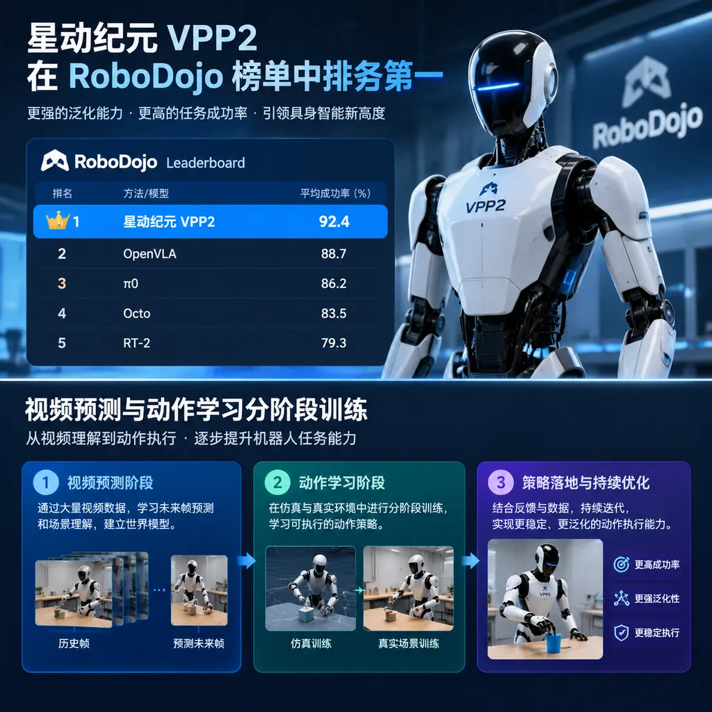 星动纪元VPP2在RoboDojo榜单中排名第一,以及视频预测与动作学习分阶段训练的示意图
